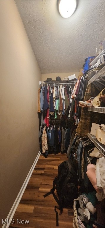 spacious closet with vaulted ceiling and dark hardwood / wood-style flooring