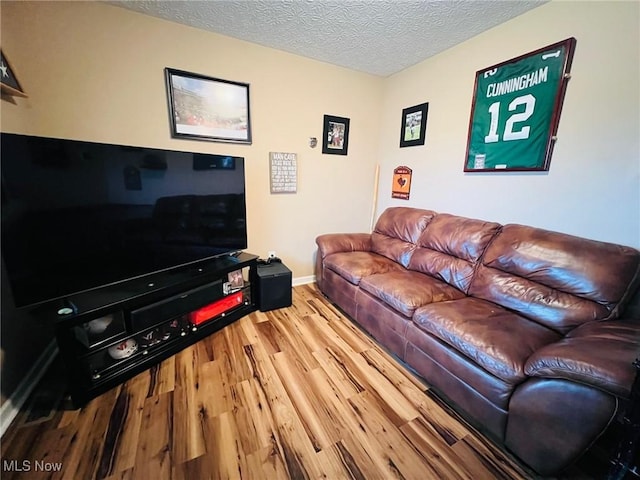 living room featuring hardwood / wood-style floors and a textured ceiling