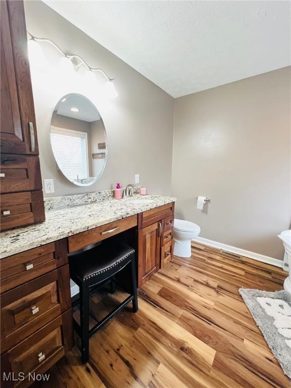 bathroom with vanity, wood-type flooring, and toilet