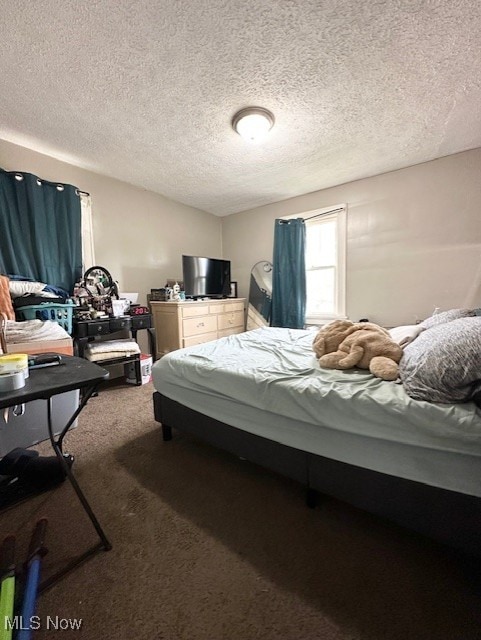 bedroom with a textured ceiling and carpet flooring