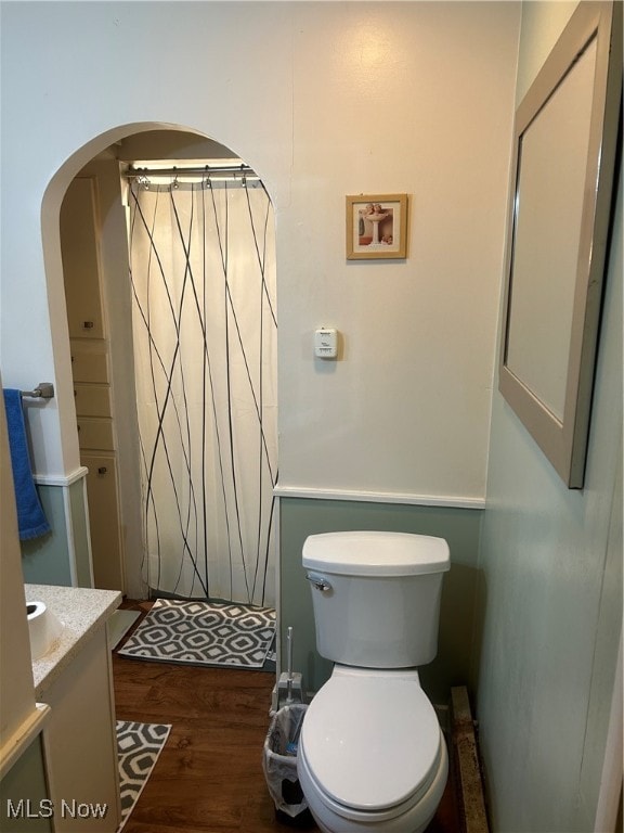 bathroom featuring a shower with shower curtain, hardwood / wood-style floors, vanity, and toilet