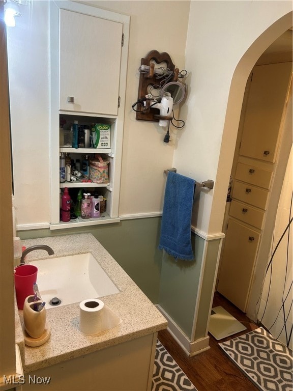 bathroom with wood-type flooring and vanity