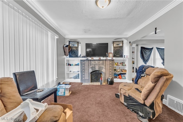 living room with carpet floors, a textured ceiling, a fireplace, and ornamental molding