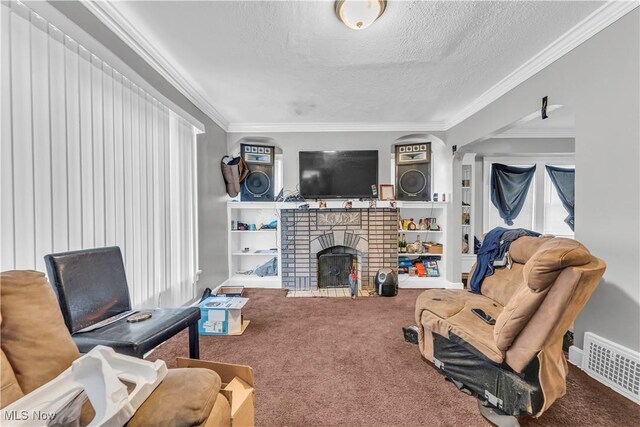 living room with crown molding, carpet floors, a brick fireplace, a textured ceiling, and visible vents