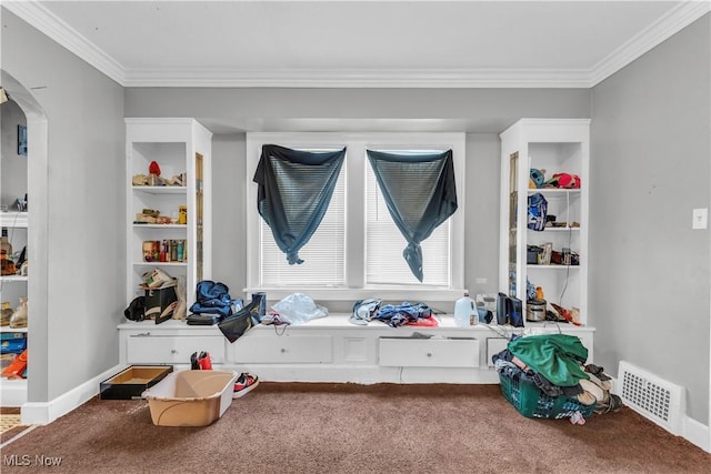 interior space featuring carpet floors, ornamental molding, and visible vents