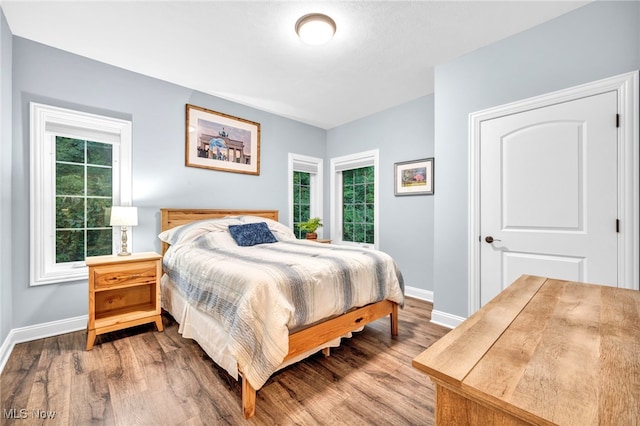 bedroom with hardwood / wood-style floors and multiple windows