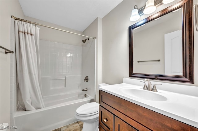 full bathroom featuring shower / bath combo, tile patterned flooring, vanity, and toilet