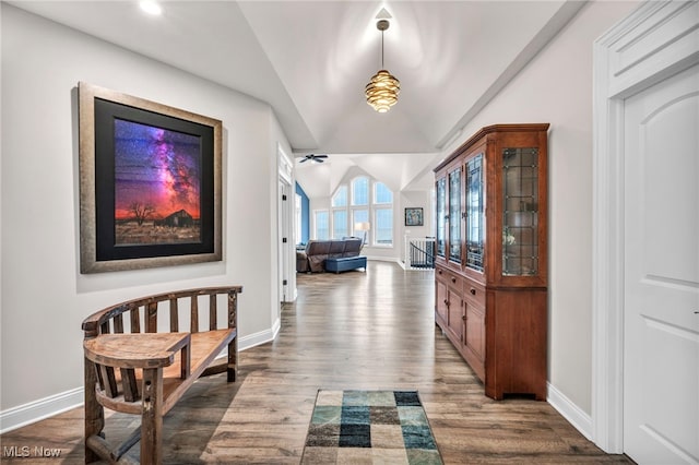 corridor featuring wood-type flooring and vaulted ceiling