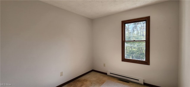 unfurnished room featuring a textured ceiling, light colored carpet, and a baseboard radiator