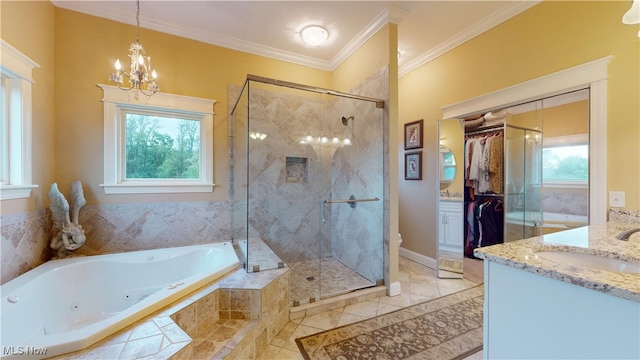 bathroom with independent shower and bath, vanity, and ornamental molding