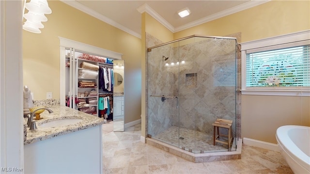 bathroom featuring vanity, separate shower and tub, crown molding, and tile patterned floors