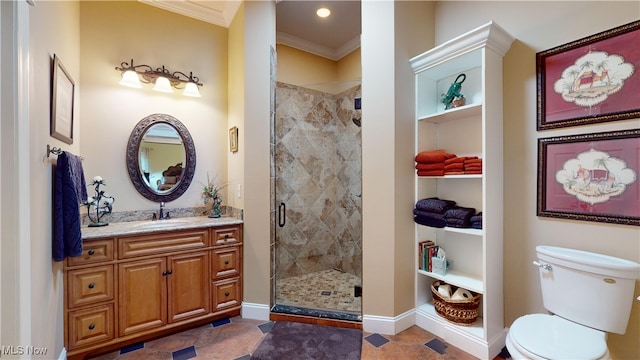 bathroom featuring tile patterned flooring, toilet, an enclosed shower, ornamental molding, and vanity