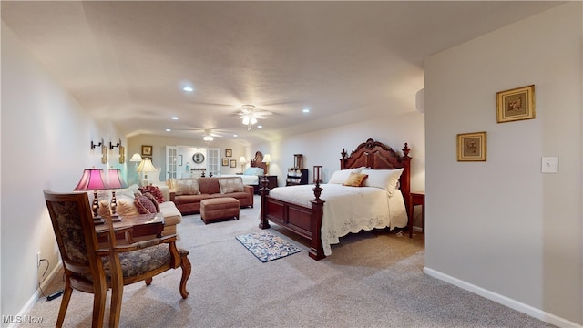 bedroom with light colored carpet