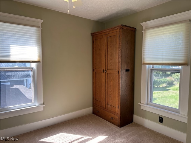 unfurnished bedroom featuring light carpet, a textured ceiling, and multiple windows