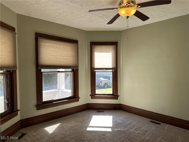 empty room featuring carpet floors, a healthy amount of sunlight, and a textured ceiling