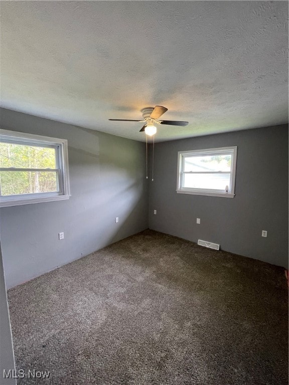 carpeted spare room with ceiling fan, a textured ceiling, and a wealth of natural light