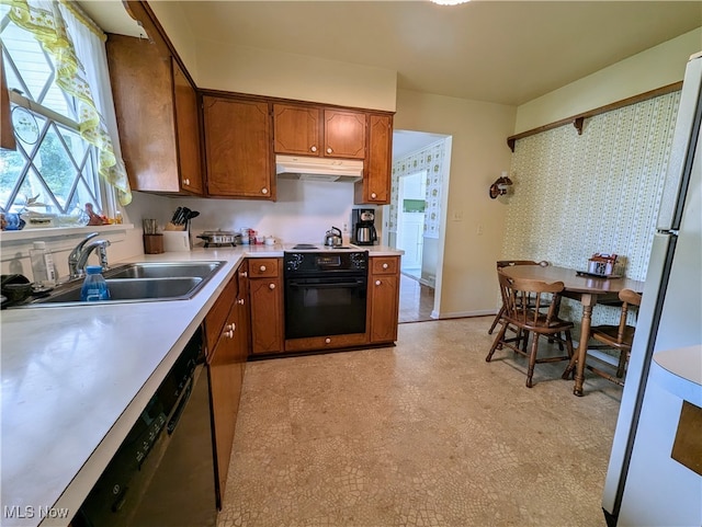 kitchen featuring white fridge, black range with electric stovetop, sink, and dishwasher