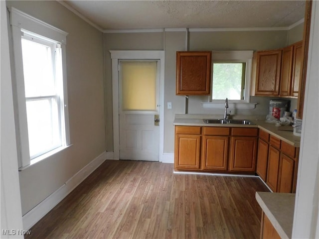 386 Jackson St, Conneaut, OH 44030 - kitchen featuring light countertops, light wood-style floors, brown cabinetry, and a sink