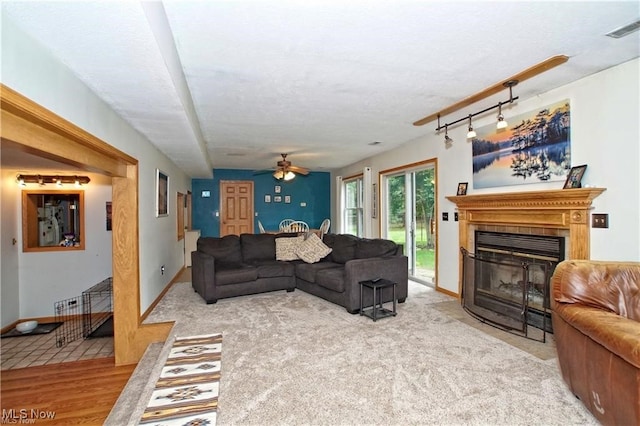 living room with a fireplace, ceiling fan, and wood-type flooring