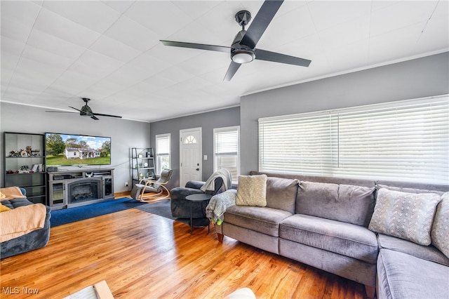 living room with a fireplace, hardwood / wood-style floors, and ceiling fan