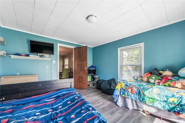 bedroom with light hardwood / wood-style floors and crown molding