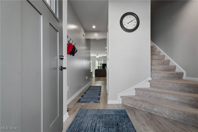 entryway with ceiling fan and light hardwood / wood-style floors