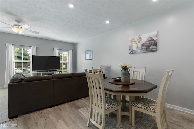 dining area with ceiling fan, light wood-type flooring, and a textured ceiling