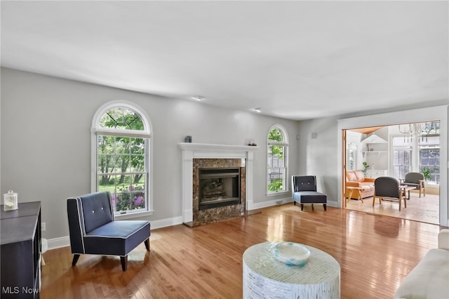 living room with a fireplace and light hardwood / wood-style floors