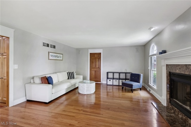 living room featuring wood-type flooring and a premium fireplace