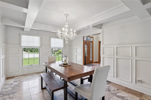 dining space featuring ornamental molding, beamed ceiling, a chandelier, and coffered ceiling