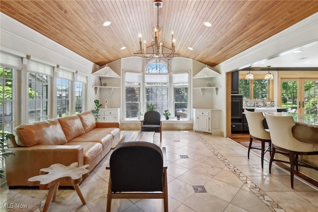 tiled living room with wood ceiling and plenty of natural light