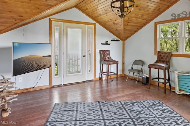 living area featuring vaulted ceiling, wooden ceiling, and dark hardwood / wood-style floors