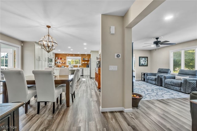 dining room with ceiling fan with notable chandelier, light hardwood / wood-style floors, and a healthy amount of sunlight