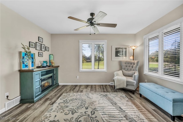 living area featuring ceiling fan, a wealth of natural light, and hardwood / wood-style floors