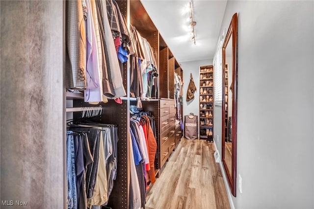 walk in closet with light hardwood / wood-style floors