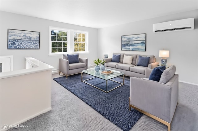 carpeted living room featuring a wall mounted air conditioner