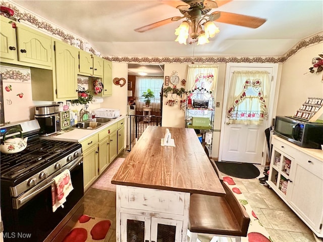 kitchen with green cabinetry, ceiling fan, stainless steel appliances, butcher block counters, and sink