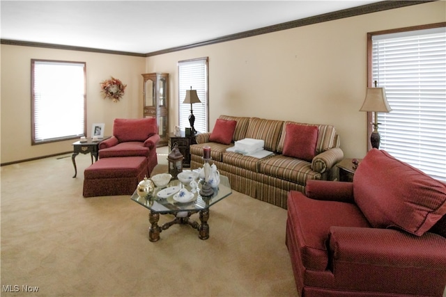 carpeted living room featuring crown molding and a wealth of natural light