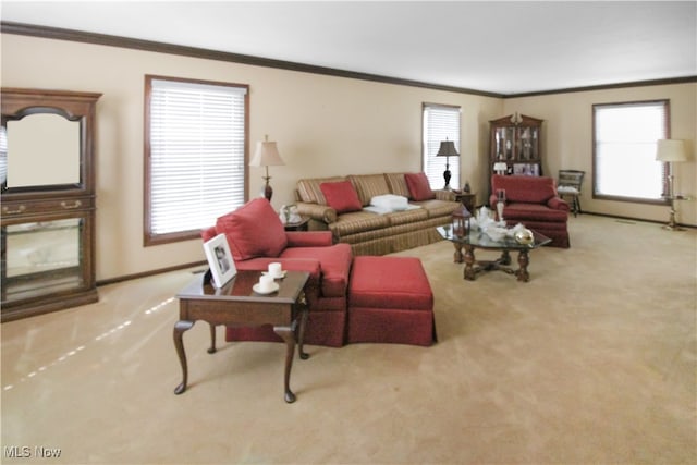 carpeted living room with ornamental molding