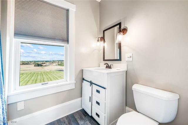 bathroom featuring vanity, toilet, and hardwood / wood-style flooring