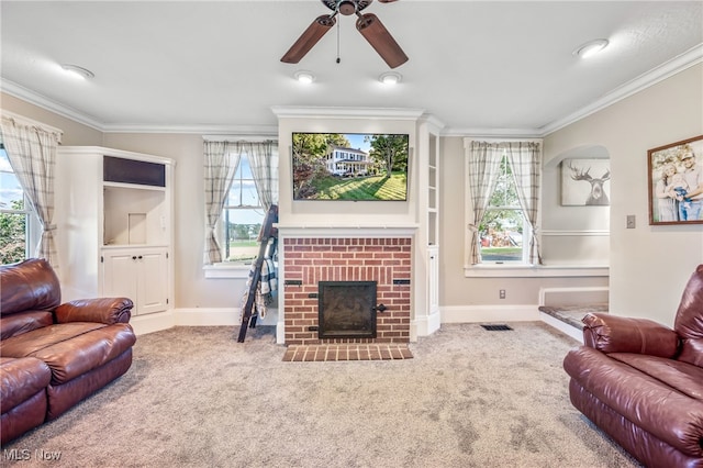 carpeted living room with ceiling fan, crown molding, a wealth of natural light, and a fireplace