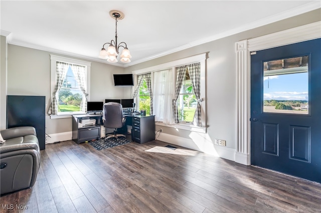 office area with dark hardwood / wood-style floors, crown molding, and a wealth of natural light