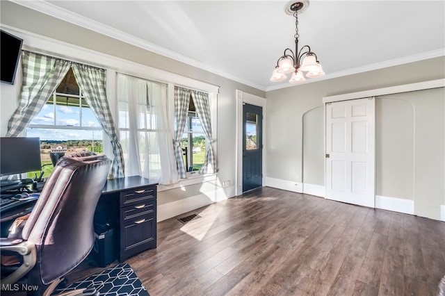 office with a notable chandelier, crown molding, dark wood-type flooring, and a healthy amount of sunlight