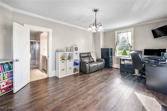 office area with crown molding, dark wood-type flooring, and a chandelier