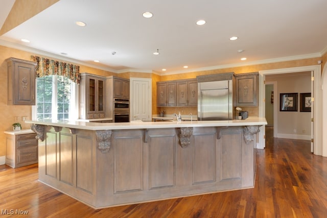 kitchen featuring appliances with stainless steel finishes, a large island with sink, dark hardwood / wood-style flooring, and crown molding