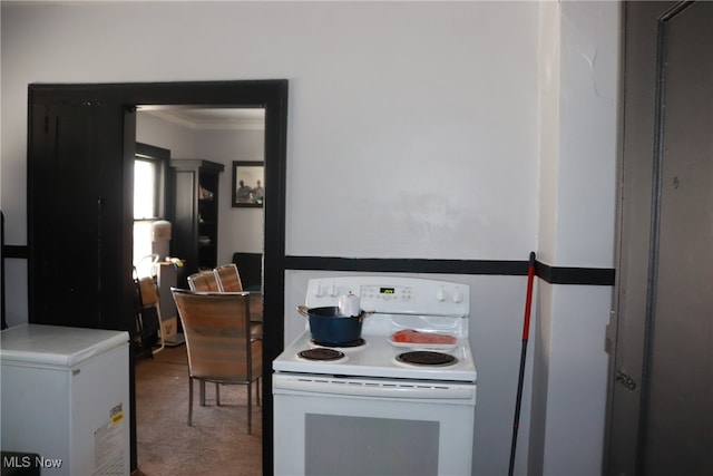 kitchen with carpet, ornamental molding, fridge, and white electric range