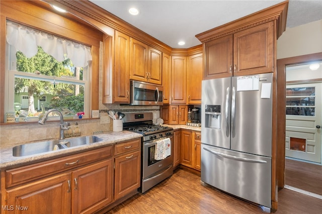 kitchen with sink, wood-type flooring, stainless steel appliances, and tasteful backsplash