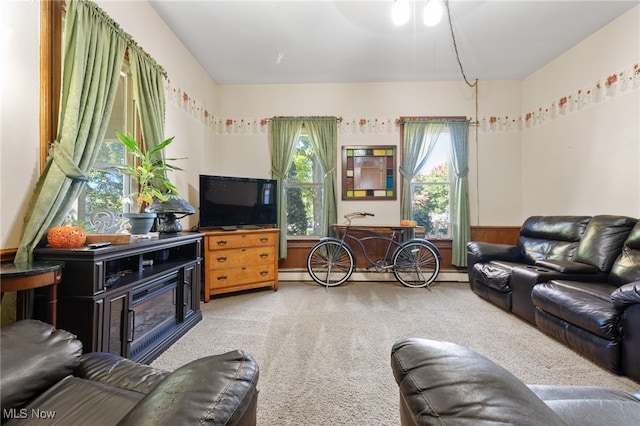 carpeted living room featuring baseboard heating