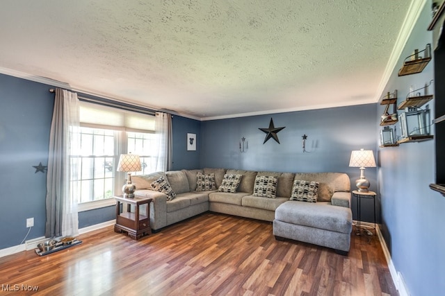 living room featuring ornamental molding, hardwood / wood-style flooring, and a textured ceiling