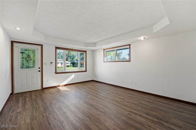 interior space featuring a raised ceiling, a textured ceiling, and dark hardwood / wood-style flooring